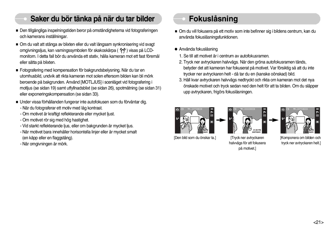 Samsung EC-I70ZZBBA/FI, EC-I70ZZSBC/E2, EC-I70ZZPBC/E2, EC-I70ZZBBC/E2, EC-I70ZZSBA/DE, EC-I70ZZGBC/E2 manual Fokuslåsning 