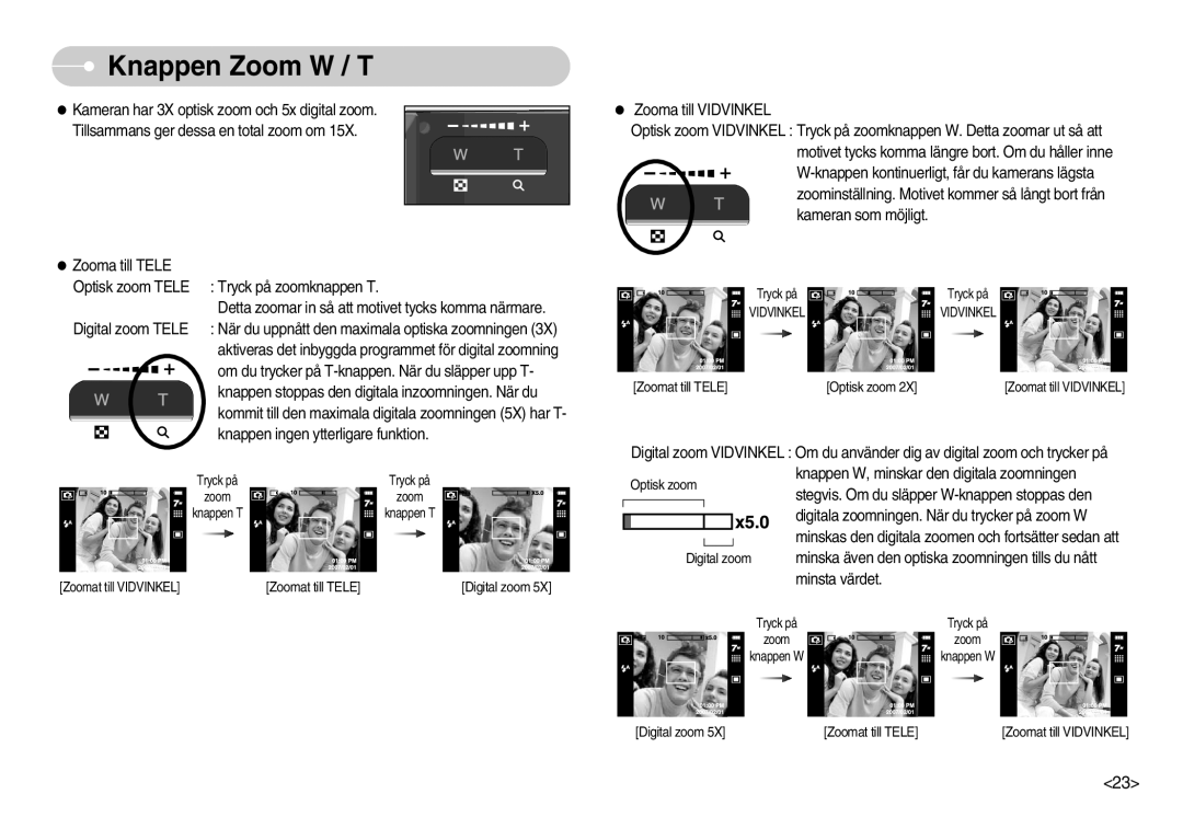 Samsung EC-I70ZZGBA/FI, EC-I70ZZSBC/E2, EC-I70ZZPBC/E2, EC-I70ZZBBC/E2, EC-I70ZZSBA/DE, EC-I70ZZGBC/E2 manual Knappen Zoom W / T 