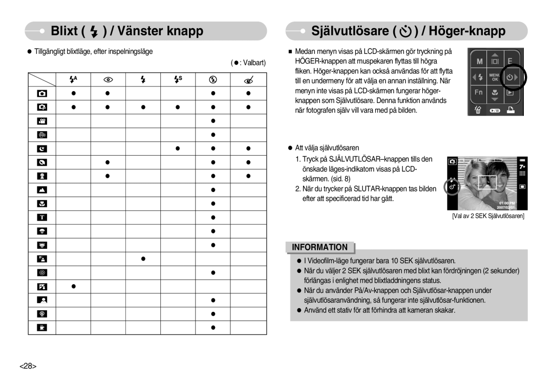 Samsung EC-I70ZZSBA/DE, EC-I70ZZSBC/E2, EC-I70ZZPBC/E2, EC-I70ZZBBC/E2 manual Blixt Vänster knapp Självutlösare Höger-knapp 