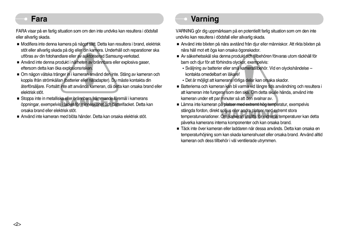 Samsung EC-I70ZZSBA/DE, EC-I70ZZSBC/E2, EC-I70ZZPBC/E2, EC-I70ZZBBC/E2, EC-I70ZZGBC/E2, EC-I70ZZPBB/E2 manual Fara, Varning 