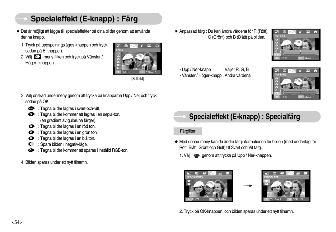 Samsung EC-I70ZZSBA/DE, EC-I70ZZSBC/E2, EC-I70ZZPBC/E2 manual Specialeffekt E-knapp Färg, Specialeffekt E-knapp Specialfärg 