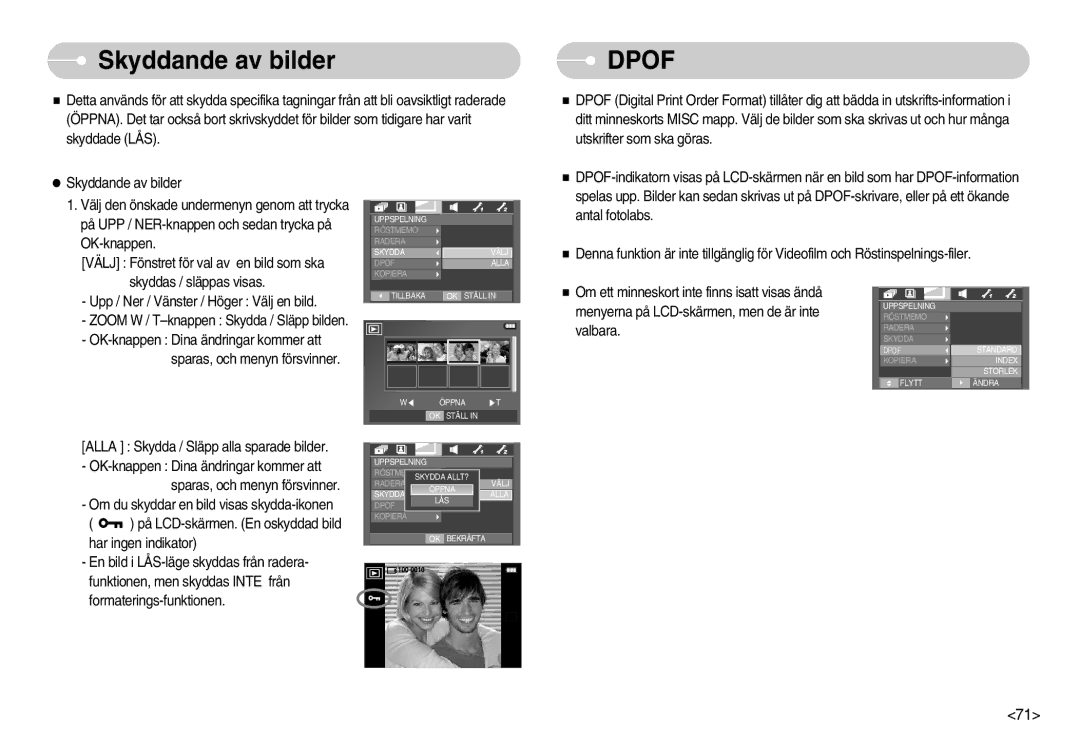 Samsung EC-I70ZZGBB/E2, EC-I70ZZSBC/E2, EC-I70ZZPBC/E2, EC-I70ZZBBC/E2, EC-I70ZZSBA/DE manual Skyddande av bilder, Dpof 