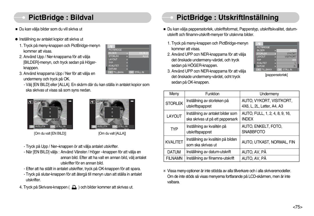 Samsung EC-I70ZZGBA/FI, EC-I70ZZSBC/E2, EC-I70ZZPBC/E2, EC-I70ZZBBC/E2 PictBridge Bildval, PictBridge UtskriftInställning 