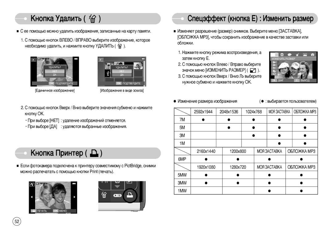 Samsung EC-I70ZZGBE/E1, EC-I70ZZSBC/E2, EC-I70ZZPBC/E2 manual ÄÌÓÔÍ‡ ì‰‡ÎËÚ¸, ÄÌÓÔÍ‡ èËÌÚÂ, ‡ÚÂÏ Íìóôíû Ö, 6MP, 5MW 3MW 1MW 