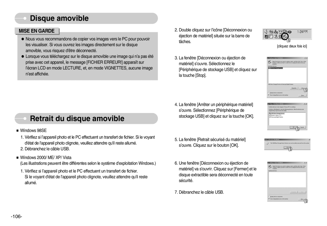 Samsung EC-I70ZZBBA/E1, EC-I70ZZSBC/E2, EC-I70ZZPBC/E2, EC-I70ZZPBA/E1, EC-I70ZZBBB/FR manual Retrait du disque amovible 