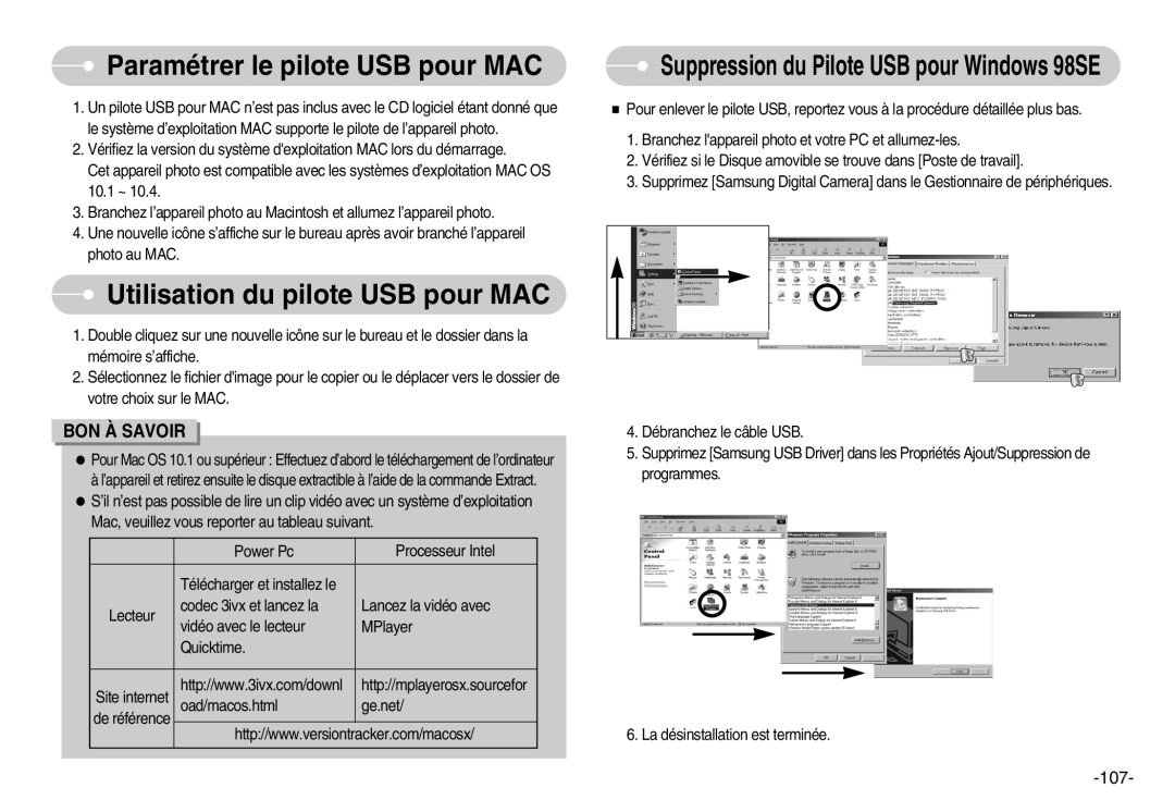 Samsung EC-I70ZZSBC/E2, EC-I70ZZPBC/E2 manual Paramétrer le pilote USB pour MAC, Utilisation du pilote USB pour MAC 