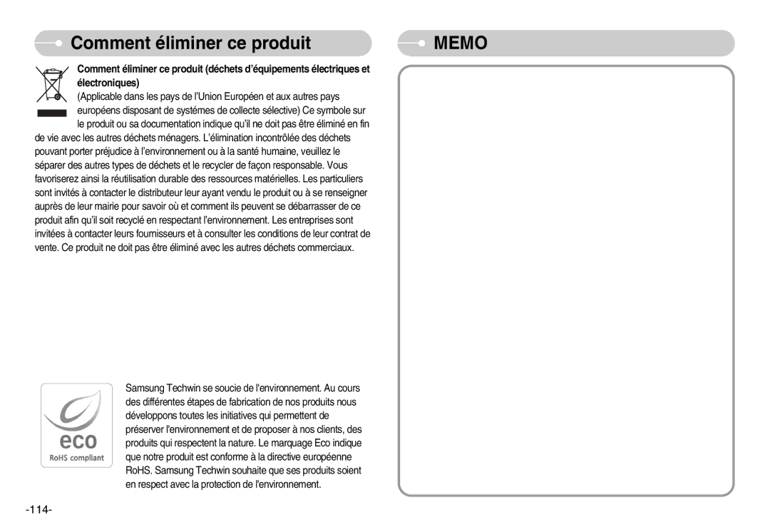 Samsung EC-I70ZZSSA/E1, EC-I70ZZSBC/E2, EC-I70ZZPBC/E2, EC-I70ZZPBA/E1, EC-I70ZZBBB/FR manual Comment éliminer ce produit, Memo 