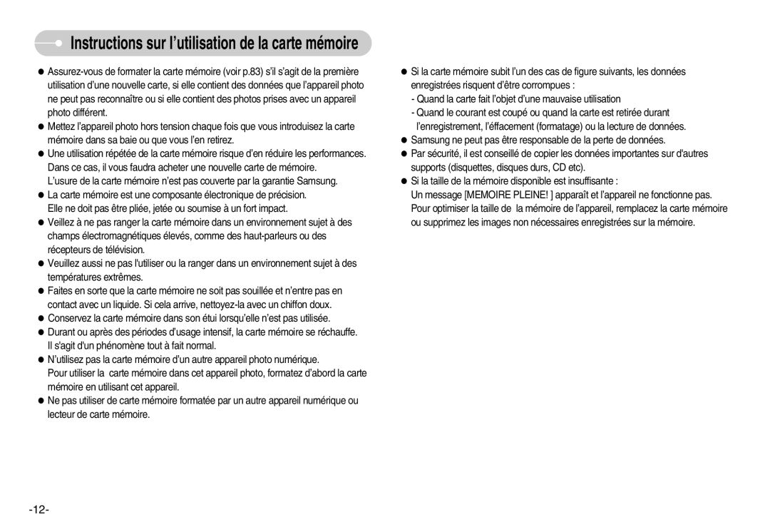 Samsung EC-I70ZZSBA/E1, EC-I70ZZSBC/E2, EC-I70ZZPBC/E2, EC-I70ZZPBA/E1 Instructions sur l’utilisation de la carte mémoire 