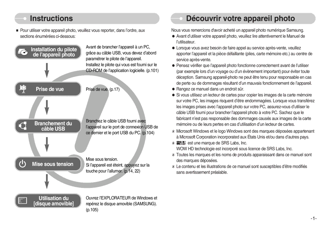 Samsung EC-I70ZZPBA/E1, EC-I70ZZSBC/E2, EC-I70ZZPBC/E2, EC-I70ZZBBB/FR manual Instructions, Découvrir votre appareil photo 