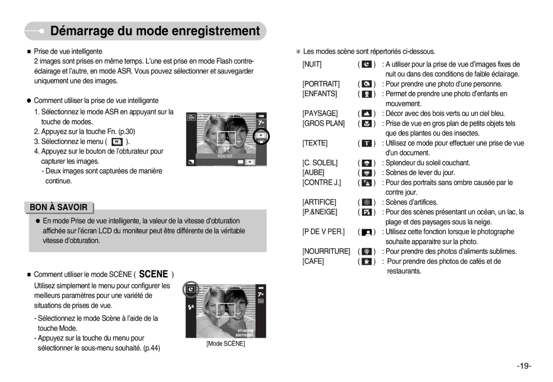 Samsung EC-I70ZZPBA/E1 manual Portrait, Enfants, Paysage, Gros Plan, Texte, Soleil, Contre J, Artifice, Neige, De V Per 