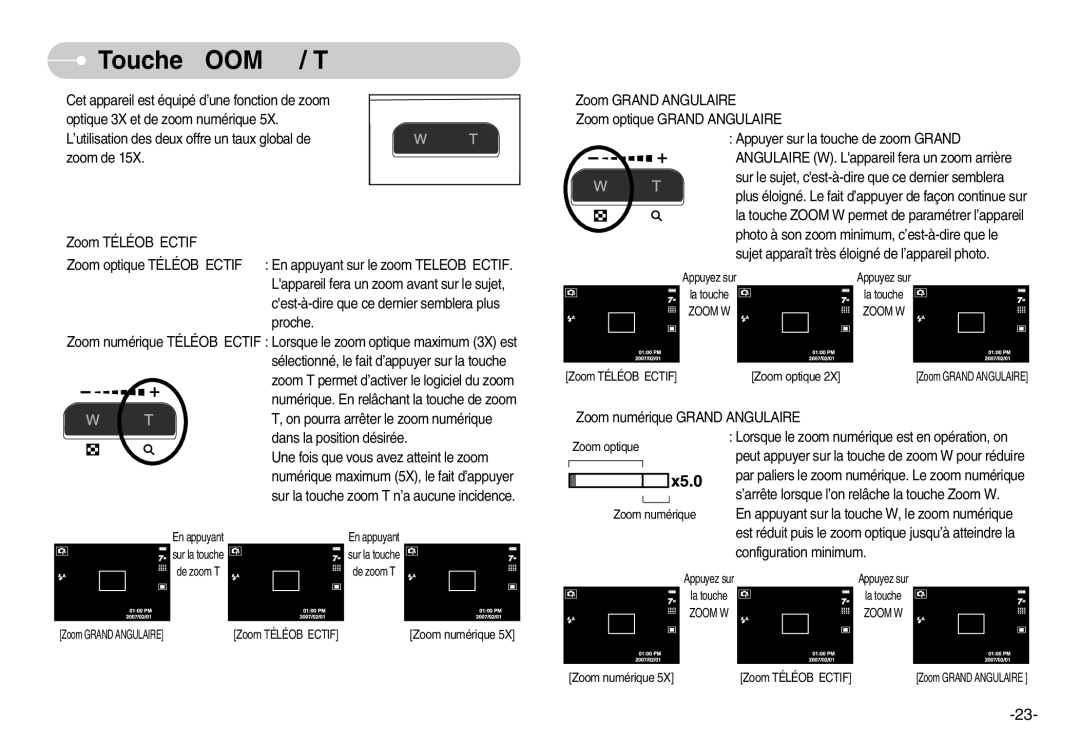 Samsung EC-I70ZZGBC/E1, EC-I70ZZSBC/E2, EC-I70ZZPBC/E2, EC-I70ZZPBA/E1, EC-I70ZZBBB/FR, EC-I70ZZBBA/FR manual Touche Zoom W / T 