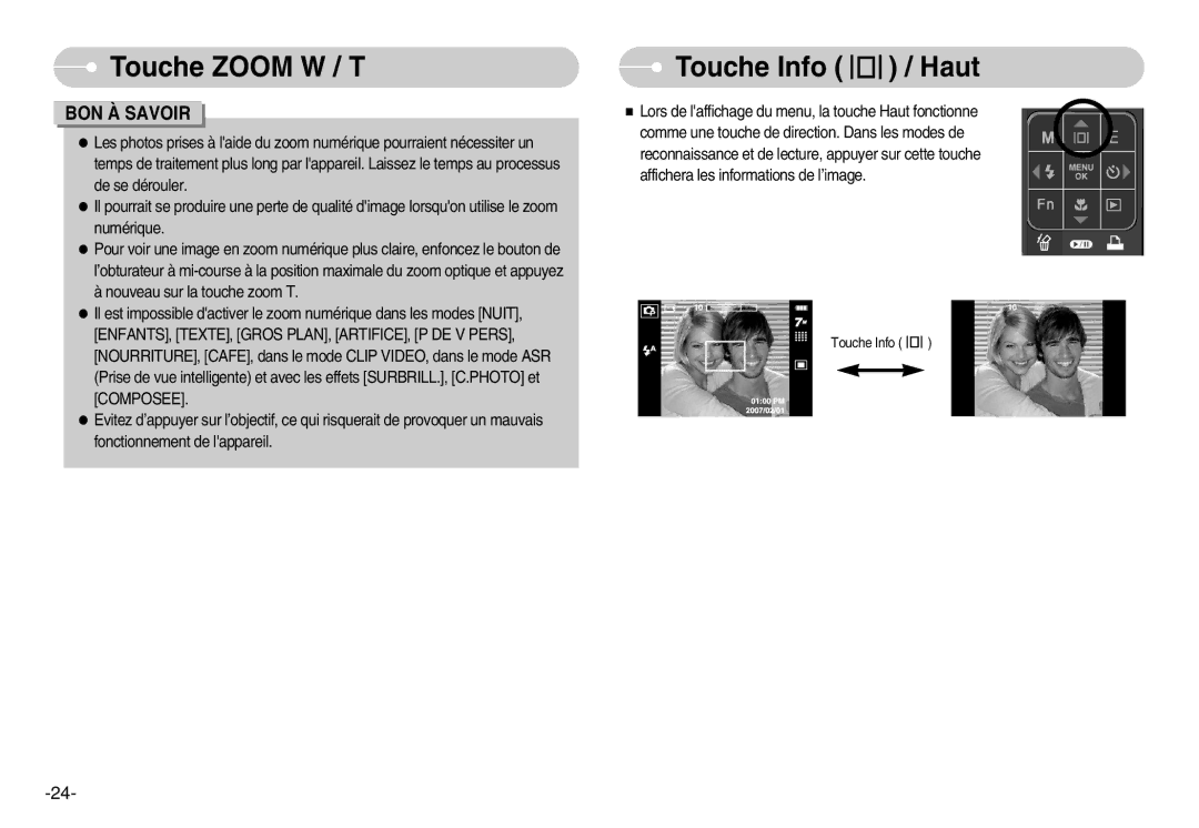 Samsung EC-I70ZZSSA/E1, EC-I70ZZSBC/E2, EC-I70ZZPBC/E2, EC-I70ZZPBA/E1, EC-I70ZZBBB/FR, EC-I70ZZBBA/FR manual Touche Info / Haut 