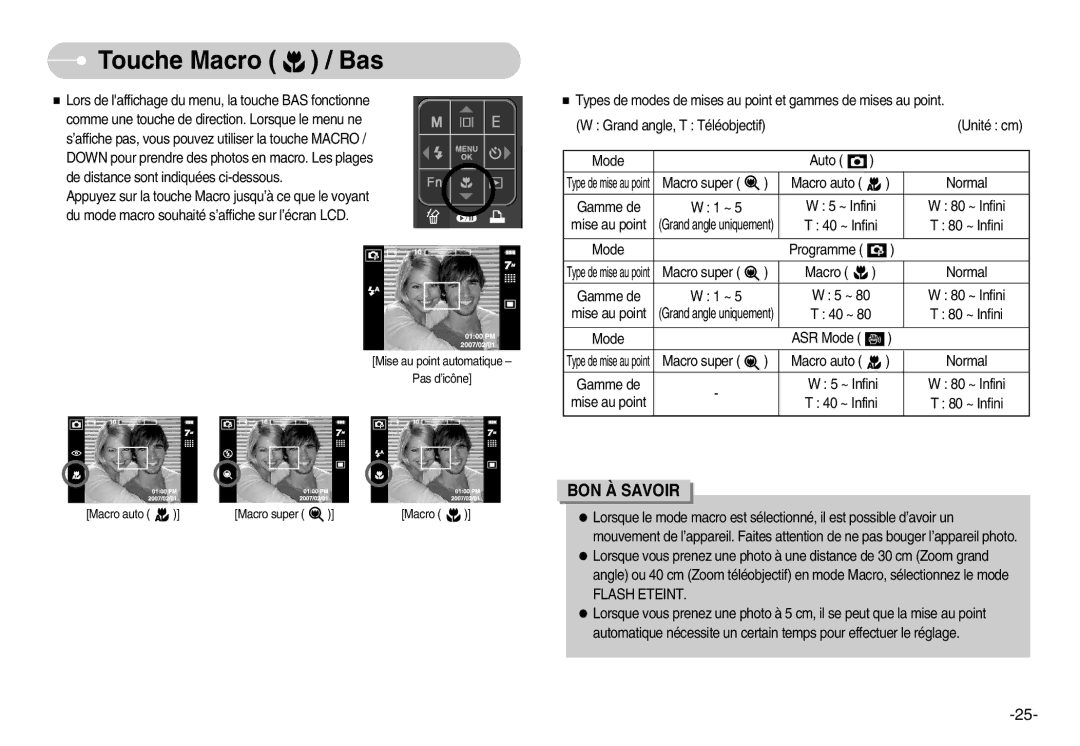 Samsung EC-I70ZZPBB/FR, EC-I70ZZSBC/E2, EC-I70ZZPBC/E2, EC-I70ZZPBA/E1, EC-I70ZZBBB/FR manual Touche Macro / Bas, Flash Eteint 