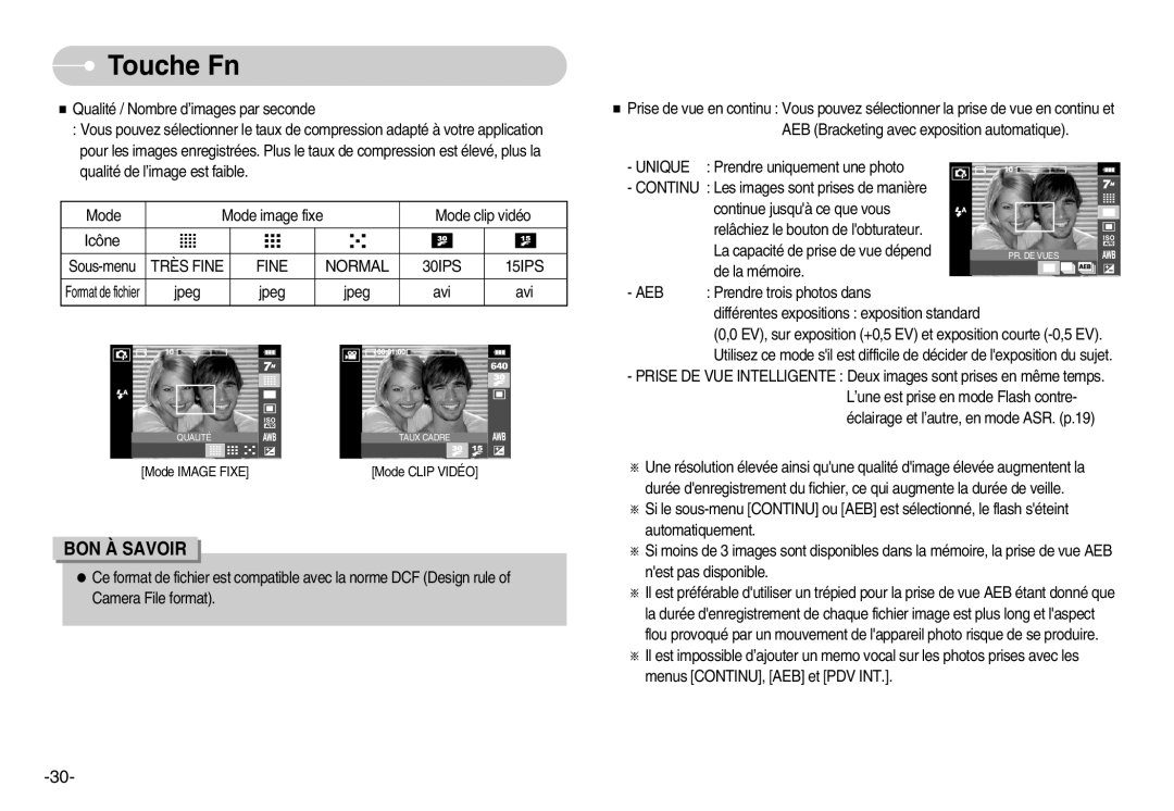 Samsung EC-I70ZZSBA/E1, EC-I70ZZSBC/E2, EC-I70ZZPBC/E2, EC-I70ZZPBA/E1 manual Touche Fn, Très Fine Normal, Unique, Aeb 