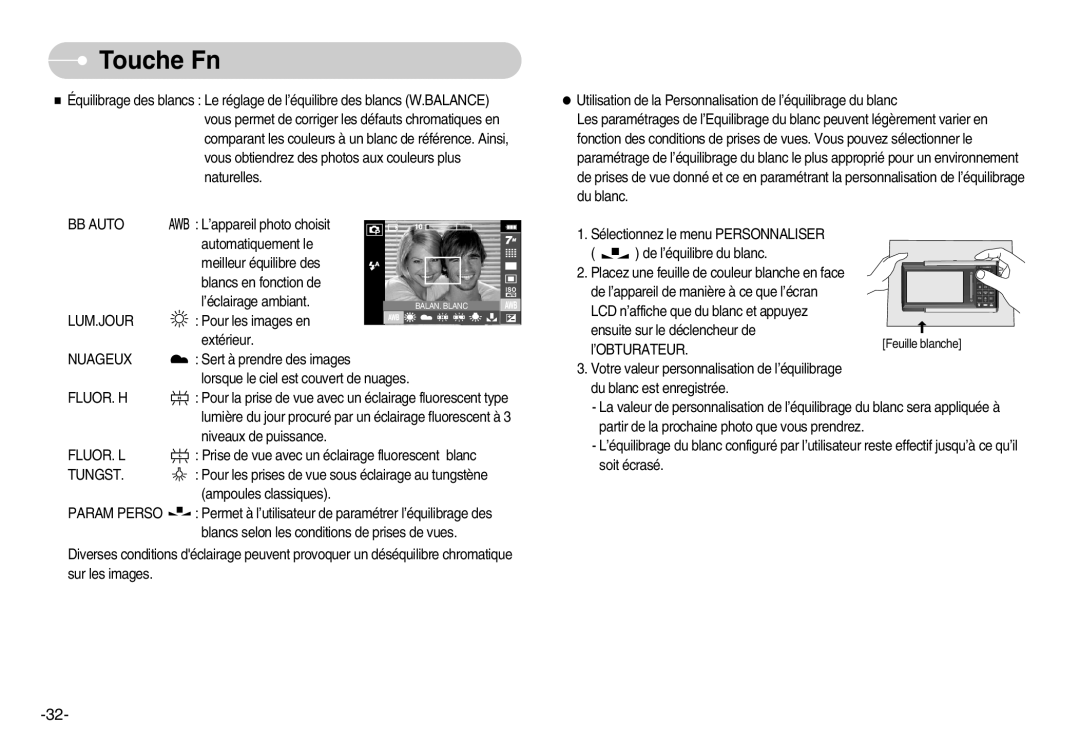 Samsung EC-I70ZZGBC/E2, EC-I70ZZSBC/E2, EC-I70ZZPBC/E2 BB Auto, Lum.Jour, Nuageux, Fluor. H, Fluor. L, Tungst, Param Perso 