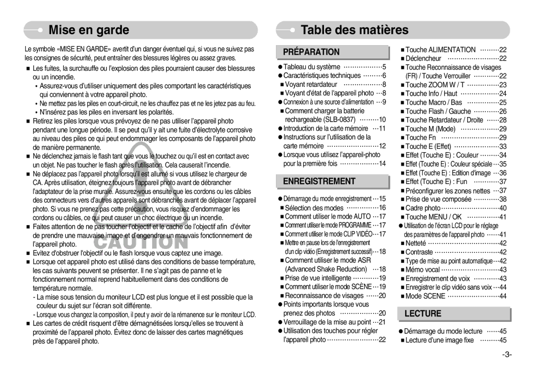 Samsung EC-I70ZZBBA/FR, EC-I70ZZSBC/E2, EC-I70ZZPBC/E2, EC-I70ZZPBA/E1 manual Mise en garde Table des matières, Préparation 