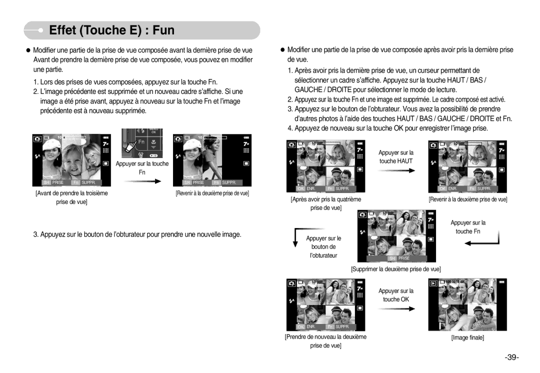 Samsung EC-I70ZZBBA/FR, EC-I70ZZSBC/E2, EC-I70ZZPBC/E2, EC-I70ZZPBA/E1 manual Prise de vue Appuyer sur la Appuyer sur le 