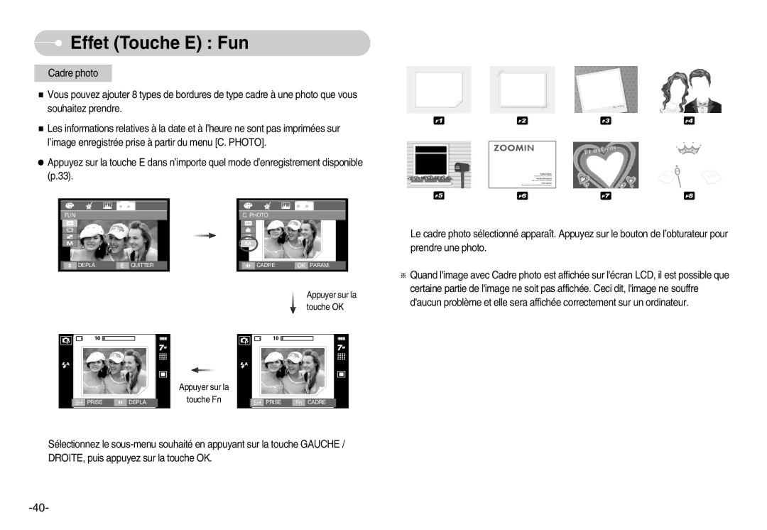 Samsung EC-I70ZZBBC/E2, EC-I70ZZSBC/E2, EC-I70ZZPBC/E2, EC-I70ZZPBA/E1, EC-I70ZZBBB/FR, EC-I70ZZBBA/FR manual Touche Fn 