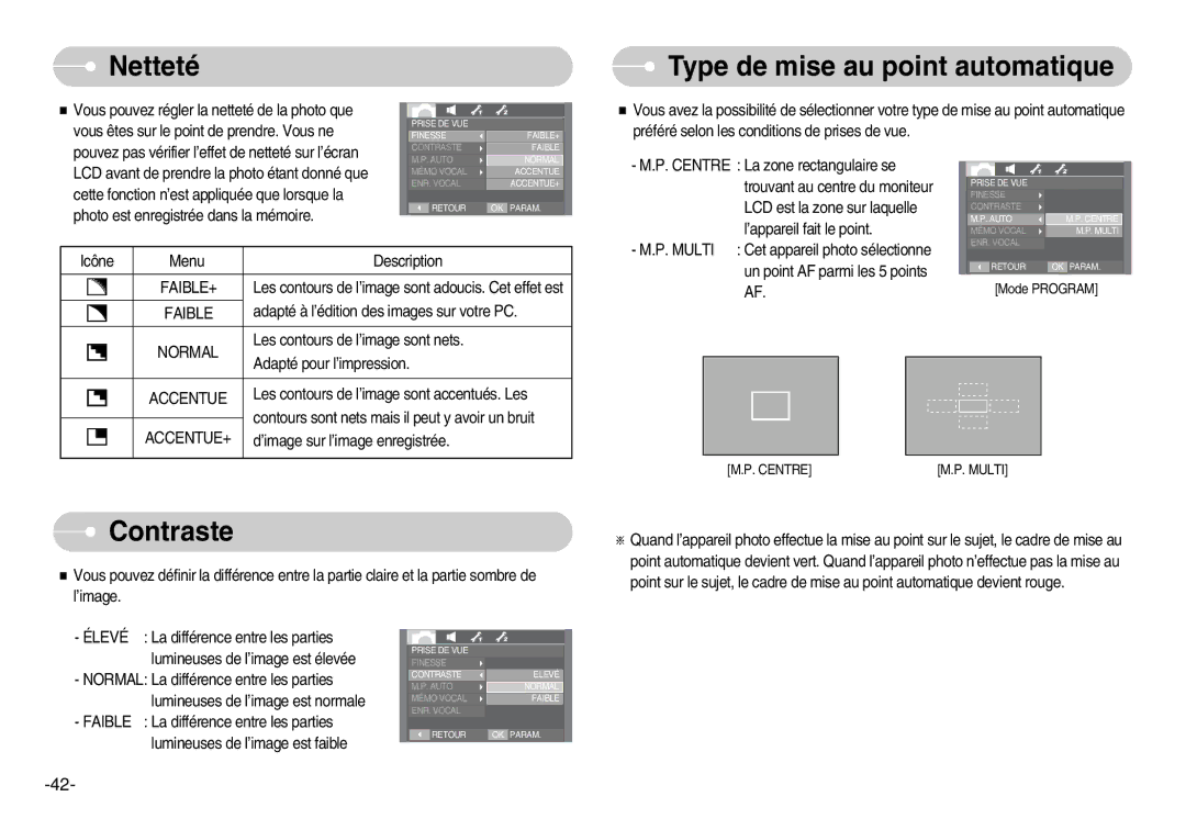 Samsung EC-I70ZZSSA/E1, EC-I70ZZSBC/E2, EC-I70ZZPBC/E2 manual Netteté, Type de mise au point automatique, Contraste, Faible+ 