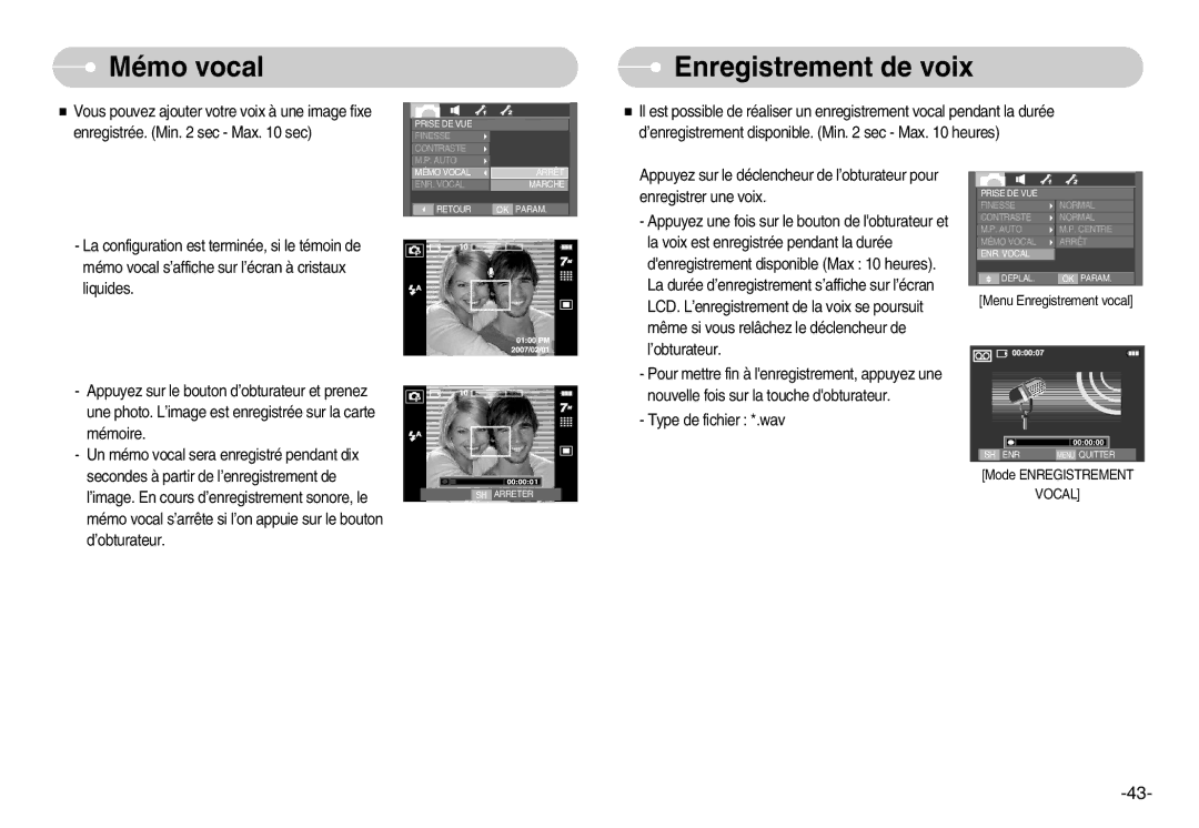 Samsung EC-I70ZZPBB/FR, EC-I70ZZSBC/E2, EC-I70ZZPBC/E2, EC-I70ZZPBA/E1, EC-I70ZZBBB/FR Mémo vocal, Enregistrement de voix 