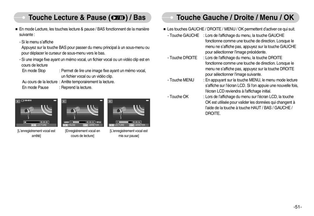 Samsung EC-I70ZZGBB/FR, EC-I70ZZSBC/E2, EC-I70ZZPBC/E2 Touche Gauche / Droite / Menu / OK, Touche Lecture & Pause / Bas 