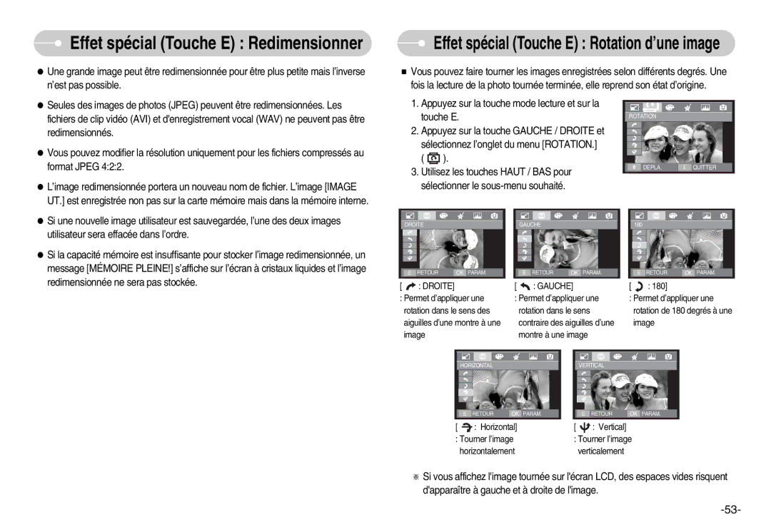 Samsung EC-I70ZZSBC/E2, EC-I70ZZPBC/E2, EC-I70ZZPBA/E1, EC-I70ZZBBB/FR manual Effet spécial Touche E Rotation d’une image 