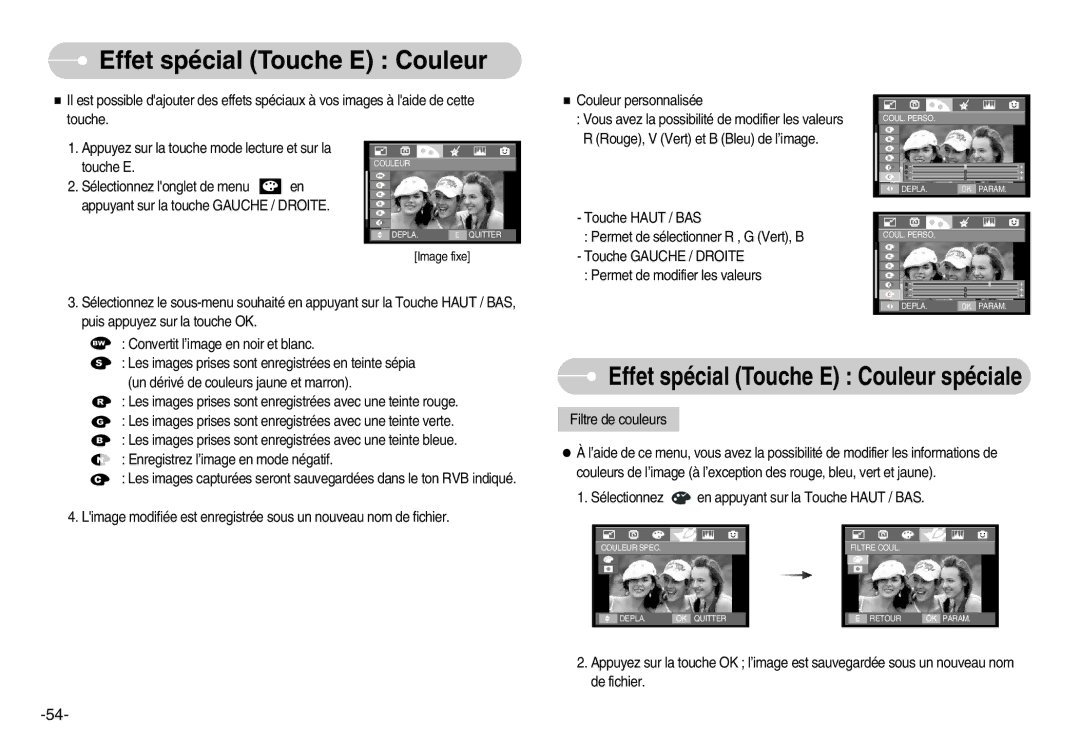 Samsung EC-I70ZZPBC/E2, EC-I70ZZSBC/E2, EC-I70ZZPBA/E1, EC-I70ZZBBB/FR manual Effet spécial Touche E Couleur spéciale 