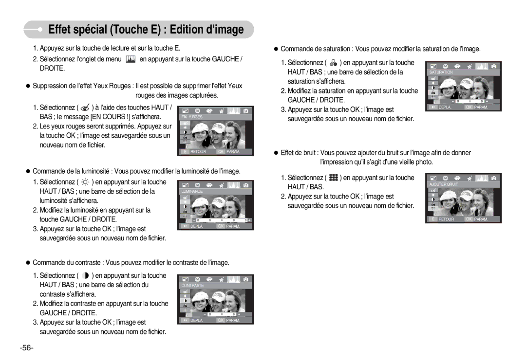 Samsung EC-I70ZZBBB/FR, EC-I70ZZSBC/E2, EC-I70ZZPBC/E2, EC-I70ZZPBA/E1 Effet spécial Touche E Edition dimage, Haut / BAS 