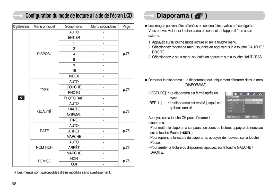 Samsung EC-I70ZZSBA/E1 manual Diaporama, Auto Entier Disposi Index Type Couché, Photo Photo RAP Auto Qualité Haute Normal 