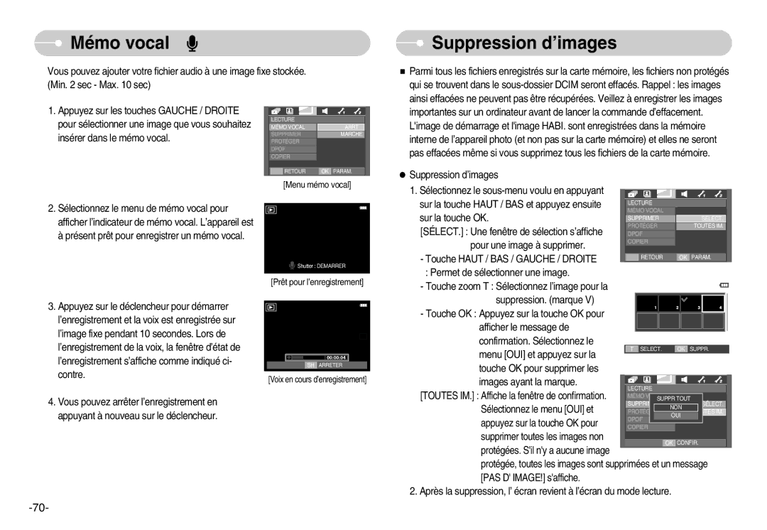 Samsung EC-I70ZZBBA/E1, EC-I70ZZSBC/E2, EC-I70ZZPBC/E2, EC-I70ZZPBA/E1, EC-I70ZZBBB/FR manual Mémo vocal, Suppression d’images 