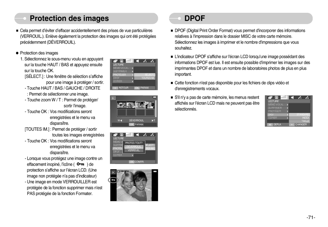 Samsung EC-I70ZZSBC/E2, EC-I70ZZPBC/E2, EC-I70ZZPBA/E1, EC-I70ZZBBB/FR, EC-I70ZZBBA/FR manual Protection des images, Dpof 