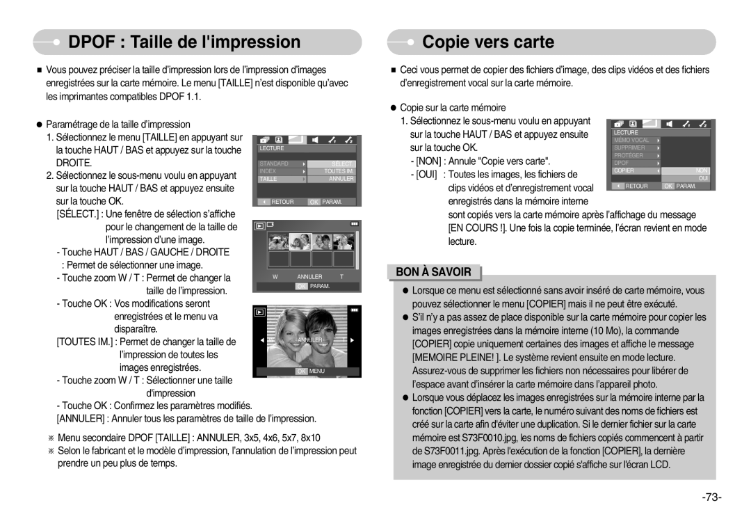 Samsung EC-I70ZZPBA/E1, EC-I70ZZSBC/E2, EC-I70ZZPBC/E2, EC-I70ZZBBB/FR manual Dpof Taille de limpression, Copie vers carte 