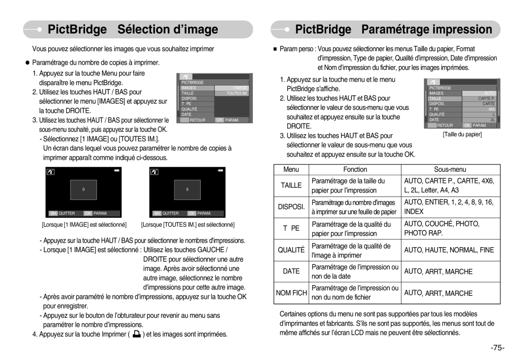 Samsung EC-I70ZZBBA/FR, EC-I70ZZSBC/E2, EC-I70ZZPBC/E2, EC-I70ZZPBA/E1, EC-I70ZZBBB/FR manual PictBridge Sélection d’image 