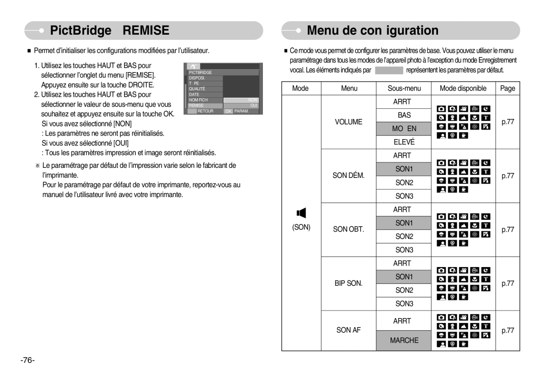 Samsung EC-I70ZZBBC/E2, EC-I70ZZSBC/E2, EC-I70ZZPBC/E2 PictBridge Remise, Menu de configuration, Volume BAS Moyen, Elevé 