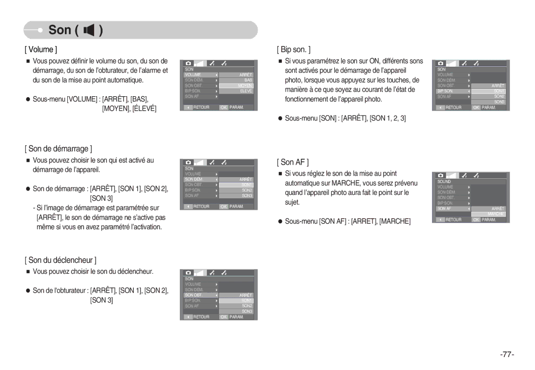 Samsung EC-I70ZZGBC/E1, EC-I70ZZSBC/E2, EC-I70ZZPBC/E2, EC-I70ZZPBA/E1, EC-I70ZZBBB/FR, EC-I70ZZBBA/FR manual Son, Volume 