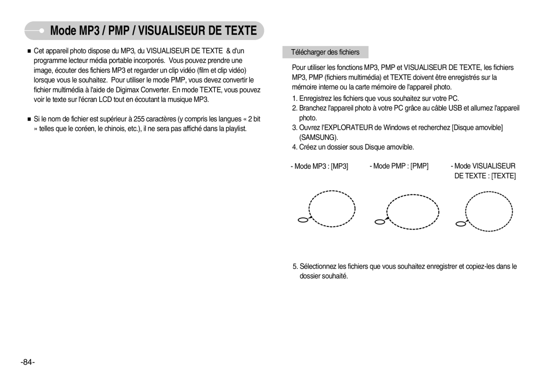 Samsung EC-I70ZZSBA/E1, EC-I70ZZSBC/E2, EC-I70ZZPBC/E2, EC-I70ZZPBA/E1 Mode MP3 / PMP / Visualiseur DE Texte, DE Texte Texte 