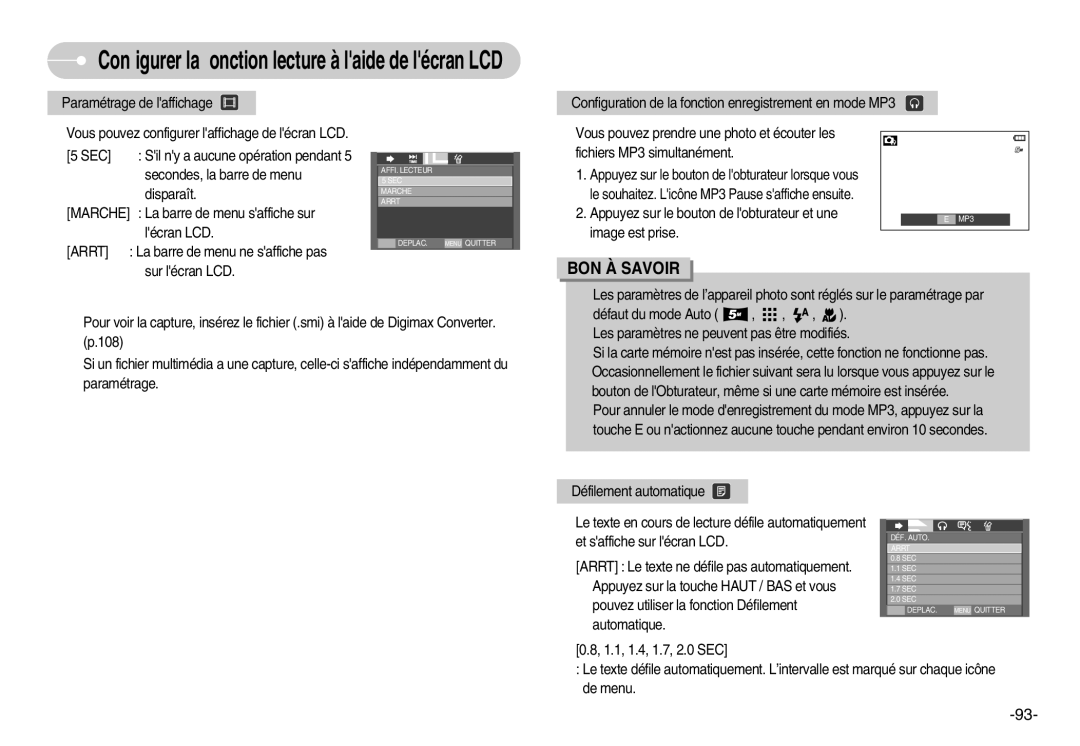 Samsung EC-I70ZZBBA/FR, EC-I70ZZSBC/E2, EC-I70ZZPBC/E2, EC-I70ZZPBA/E1, EC-I70ZZBBB/FR manual La barre de menu saffiche sur 