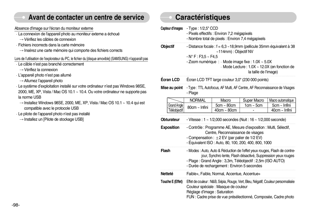 Samsung EC-I70ZZPBA/FR, EC-I70ZZSBC/E2, EC-I70ZZPBC/E2, EC-I70ZZPBA/E1, EC-I70ZZBBB/FR manual Caractéristiques, Objectif 