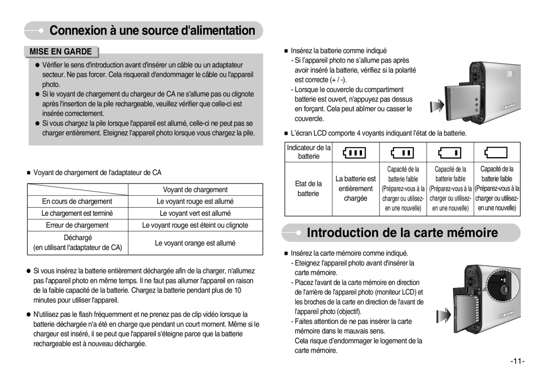 Samsung EC-I70ZZSBA/FR manual Introduction de la carte mémoire, Connexion à une source dalimentation, Mise En Garde 