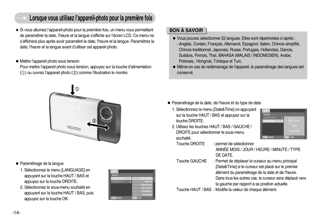 Samsung EC-I70ZZGBC/E2 Bon À Savoir, Lorsque vous utilisez l’appareil-photo pour la première fois, Date&Time, Language 