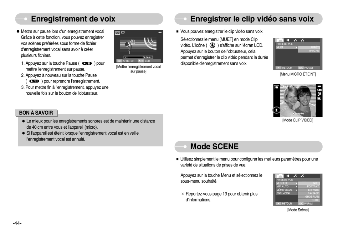 Samsung EC-I70ZZPBA/FR manual Enregistrer le clip vidéo sans voix, Mode SCENE, Enregistrement de voix, Bon À Savoir 