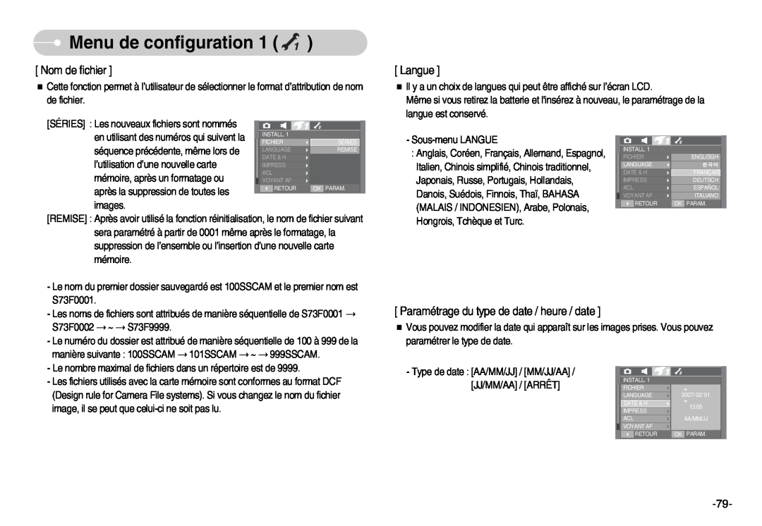 Samsung EC-I70ZZPBB/FR manual Nom de fichier, Langue, Paramétrage du type de date / heure / date, Menu de configuration 
