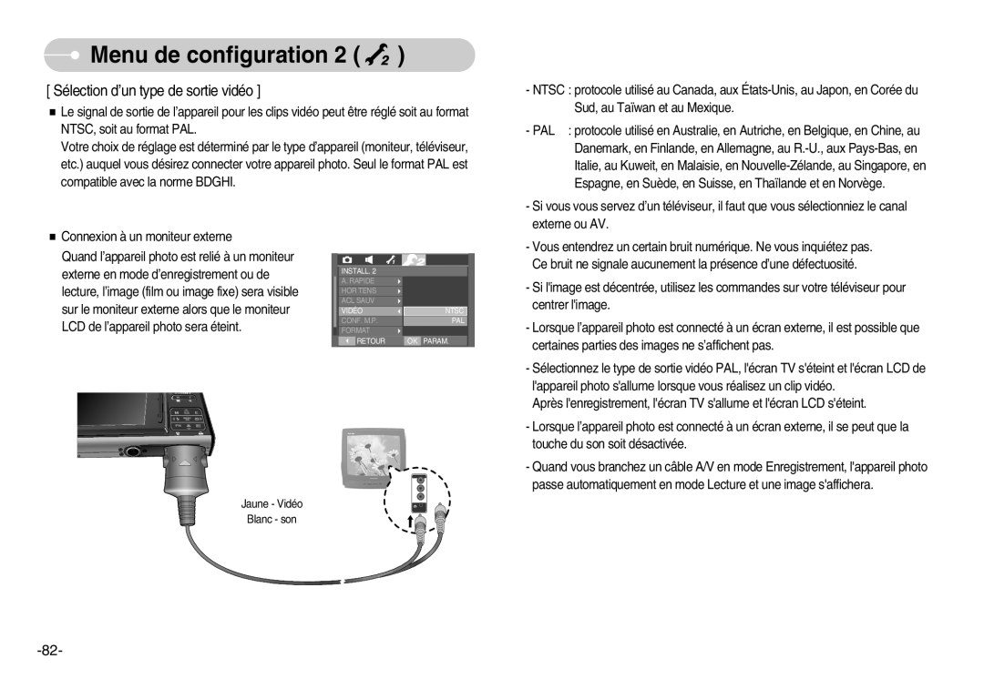 Samsung EC-I70ZZSBB/FR, EC-I70ZZSBC/E2, EC-I70ZZPBC/E2 manual Sélection d’un type de sortie vidéo, Menu de configuration 