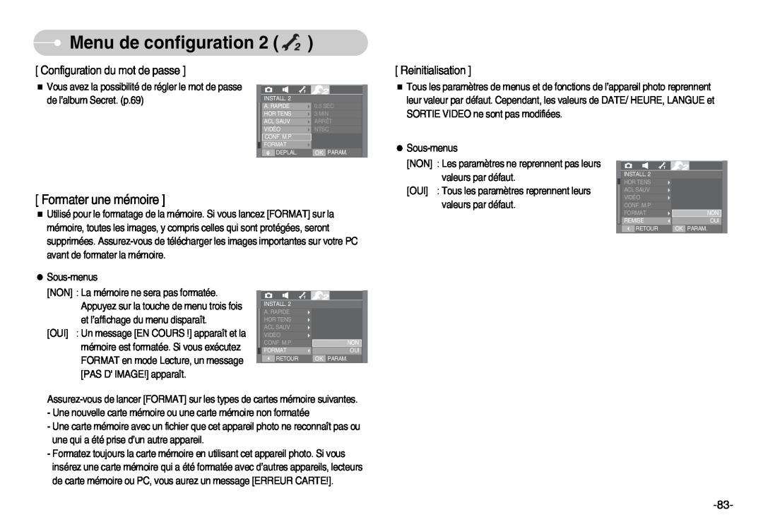Samsung EC-I70ZZSBA/FR manual Configuration du mot de passe, Reinitialisation, Menu de configuration, Formater une mémoire 