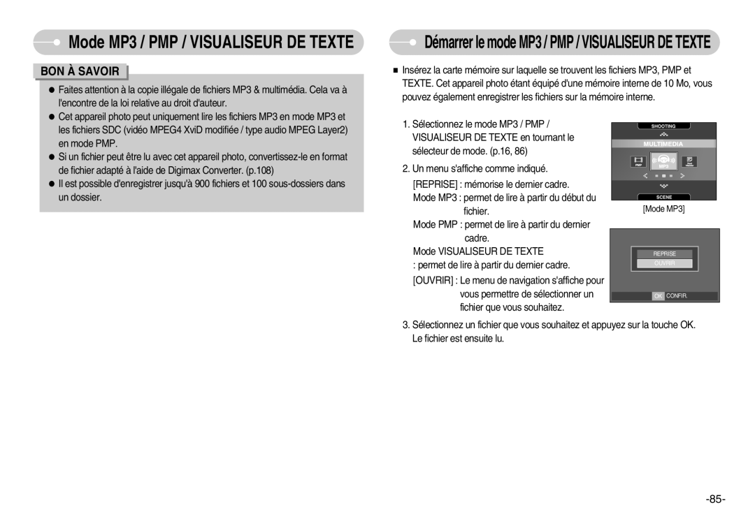 Samsung EC-I70ZZSBA/DE manual Démarrer le mode MP3 / PMP / VISUALISEUR DE TEXTE, Mode MP3 / PMP / VISUALISEUR DE TEXTE 