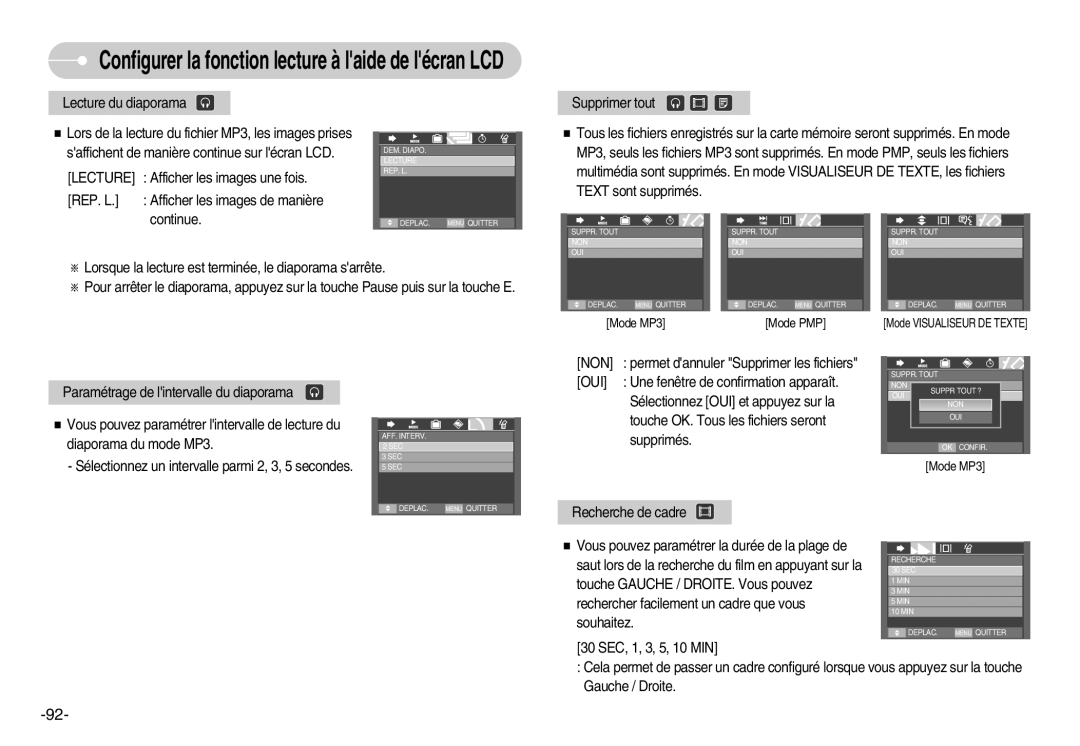 Samsung EC-I70ZZBBB/FR, EC-I70ZZSBC/E2 manual Configurer la fonction lecture à laide de lécran LCD, 2 SEC, 3 SEC, 5 SEC 