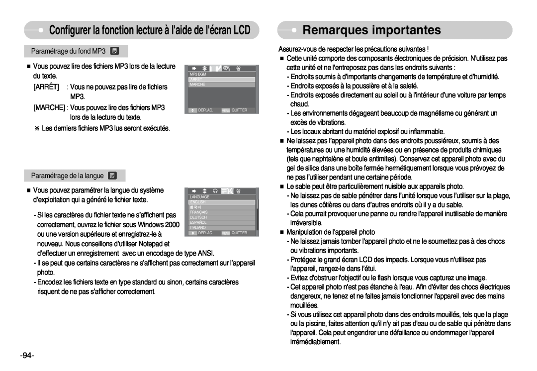 Samsung EC-I70ZZBBC/E2 manual Remarques importantes, Configurer la fonction lecture à laide de lécran LCD, du texte 