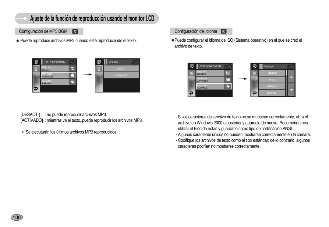 Samsung EC-I7ZZZBBA/SP 100, No puede reproducir archivos MP3, Mientras ve el texto, puede reproducir los archivos MP3 