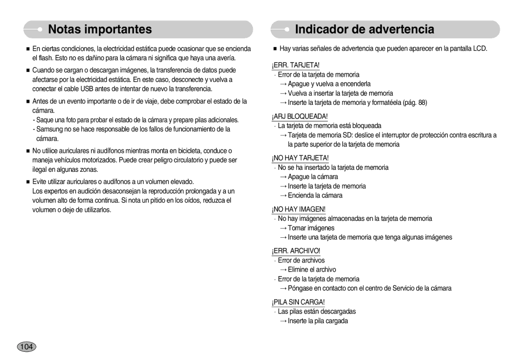 Samsung EC-I7ZZZBBA/DE, EC-I7ZZZSBB/DE, EC-I7ZZZBBC/E1, EC-I7ZZZSBE/SP, EC-I7ZZZSBB/PT manual Indicador de advertencia, 104 