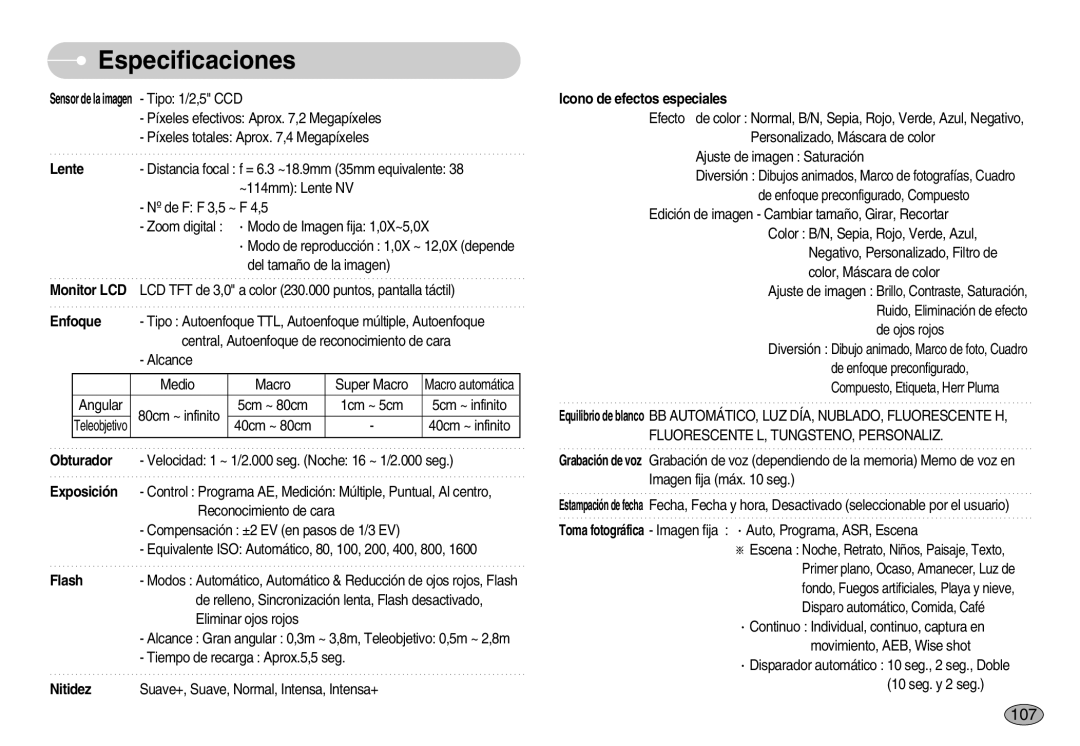 Samsung EC-I7ZZZSBE/SP, EC-I7ZZZBBA/DE, EC-I7ZZZSBB/DE manual Especificaciones, 107, Fluorescente L, TUNGSTENO, Personaliz 